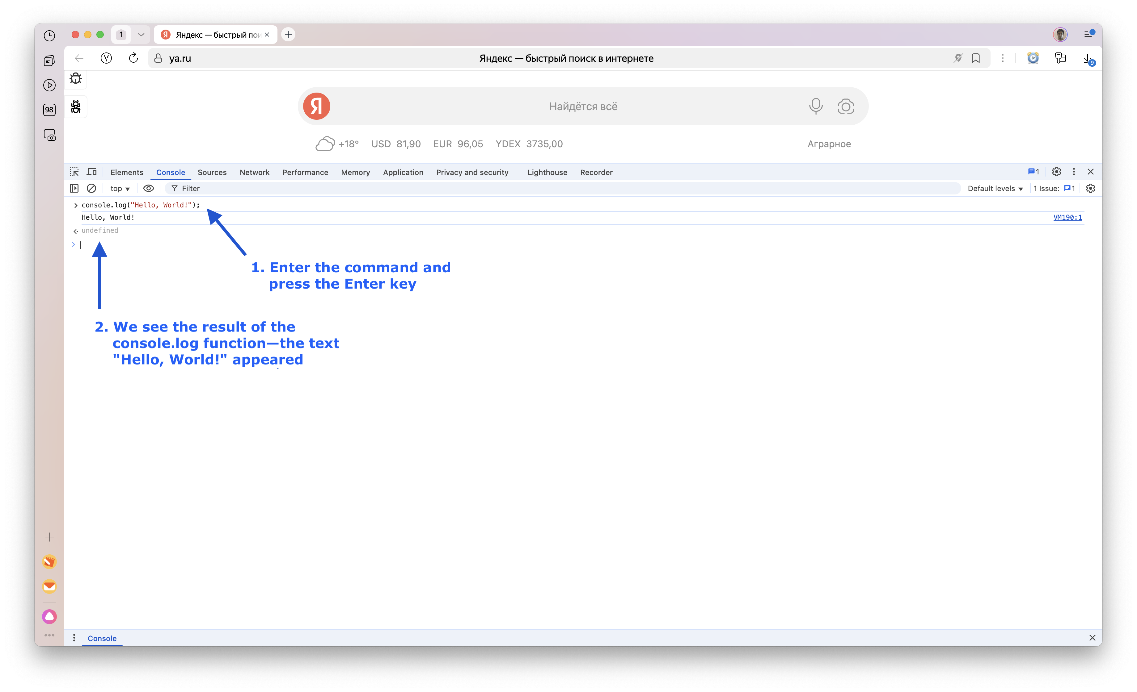 Console.log Hello world in browser