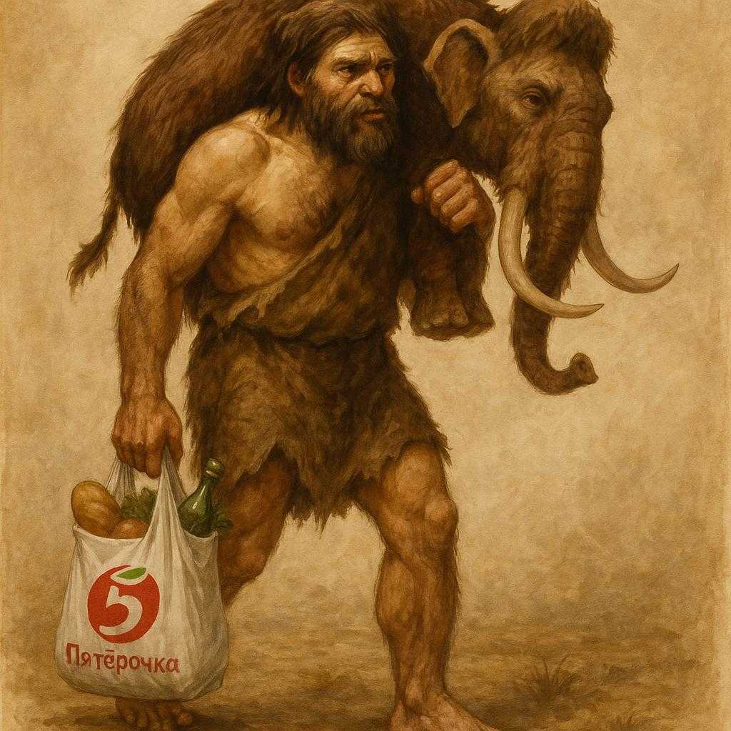 Un hombre primitivo cargando un mamut y una bolsa de supermercado